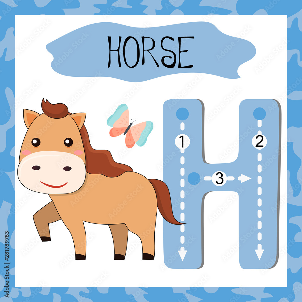 Letter H uppercase cute children colorful zoo and animals ABC alphabet  tracing flashcard of Horse for kids learning English vocabulary and Stock  Vector | Adobe Stock