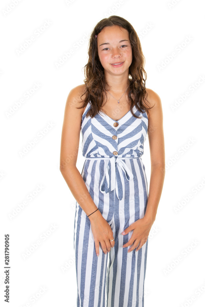 Studio shoot of stylish fashion teen girl looking at camera isolated over white background