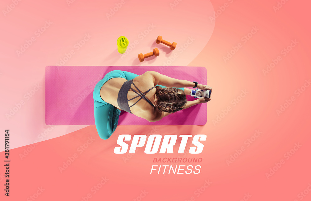 Sport and fitness backgrounds. Stretching. Isolated. Top view. - obrazy, fototapety, plakaty 