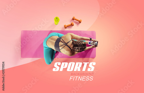 Sport and fitness backgrounds. Stretching. Isolated. Top view.