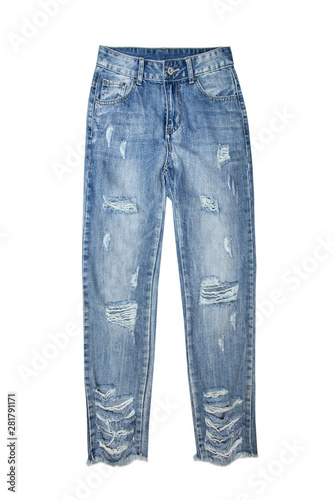 Blue ripped jeans. Fashion concept. Isolate on white background.