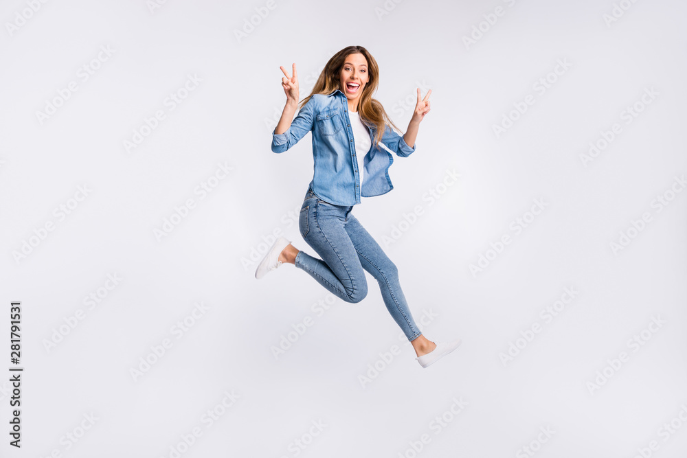 Full length body size photo of cheerful mad having great good emotion lady making double v-sign isolated grey background