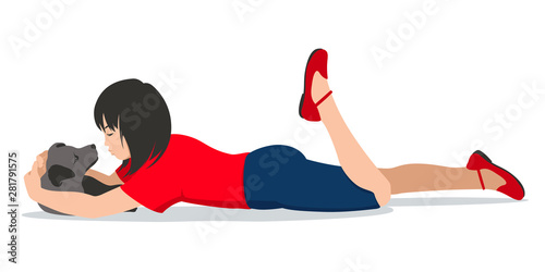 The girl lies on the floor and hugs her beloved dog. Caninity. Stock Vector Illustration