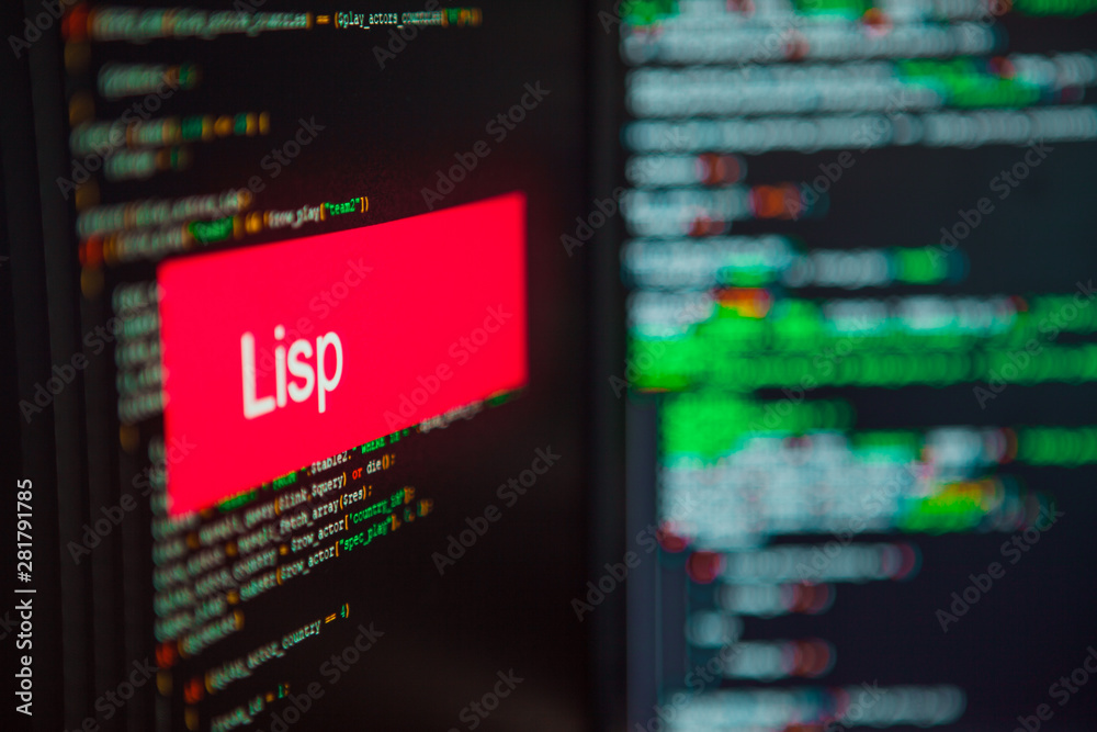 Programming language, Lisp inscription on the background of computer code. Programming language, Lisp inscription on the background of computer code.