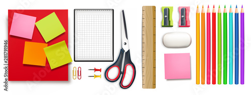 School supplies set Vector realistic. Crayons, ruler, notes detailed 3d illustrations