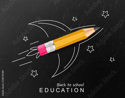 Back to school creative Vector realistic. Crayon rocket painted fantasy poster. Sale promotion banners