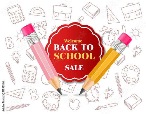 Back to school crayons supplies Vector realistic. sale promotion banner. detailed 3d illustrations