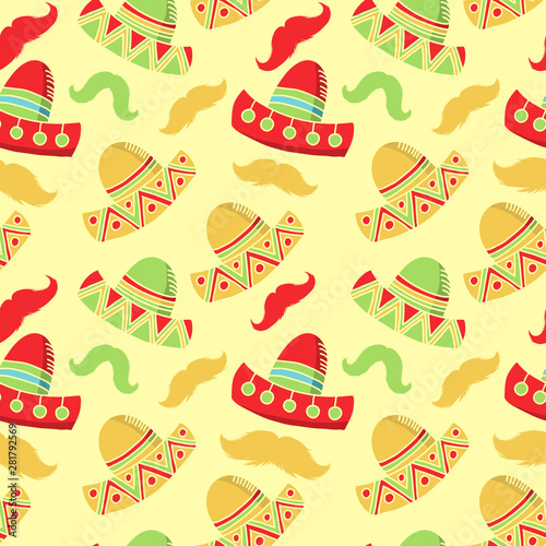Cinco de mayo funny festive accessory and wearing sombrero or mexican hat. Latin american celebration of 5th of May with flags and flowers, cactus. Festive Mexican seamless vector pattern