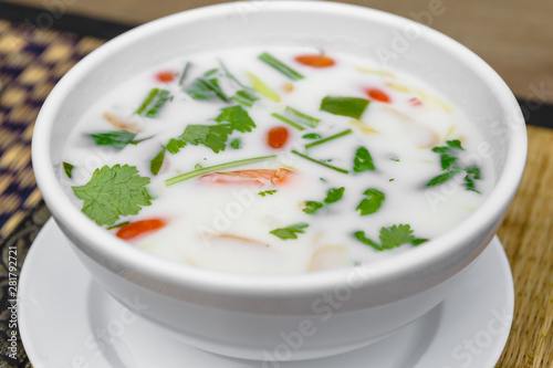 Tom kha kung, a traditional Thai coconut milk soup with shrimp and mushrooms