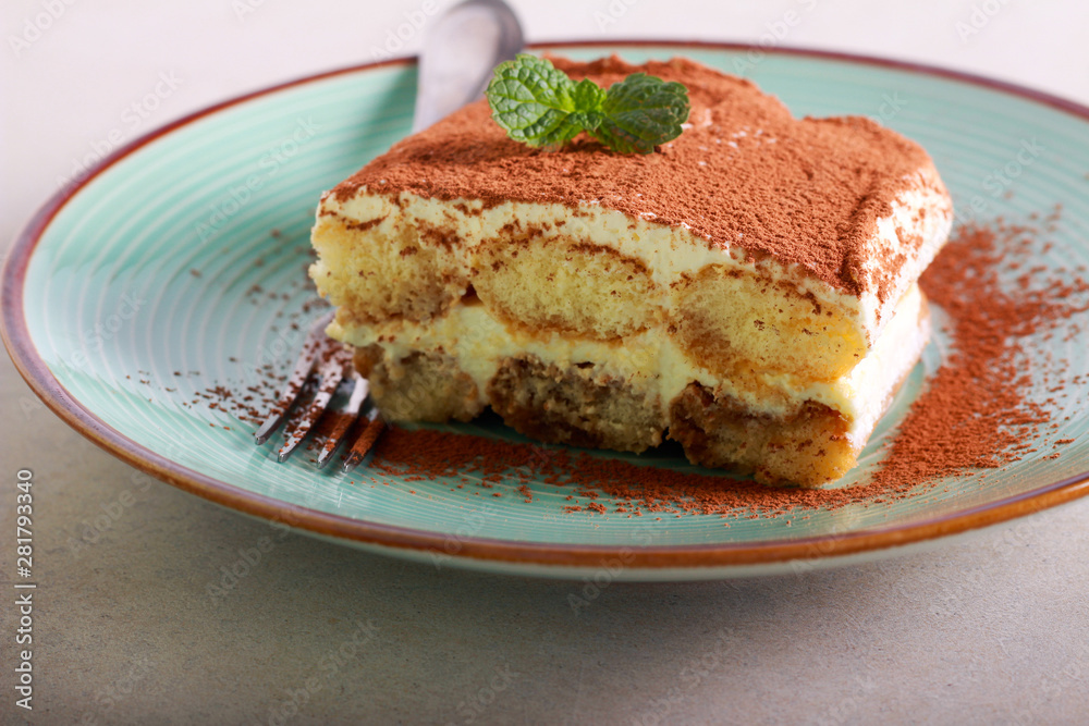 Homemade tiramisu cake, served Homemade tiramisu cake, served