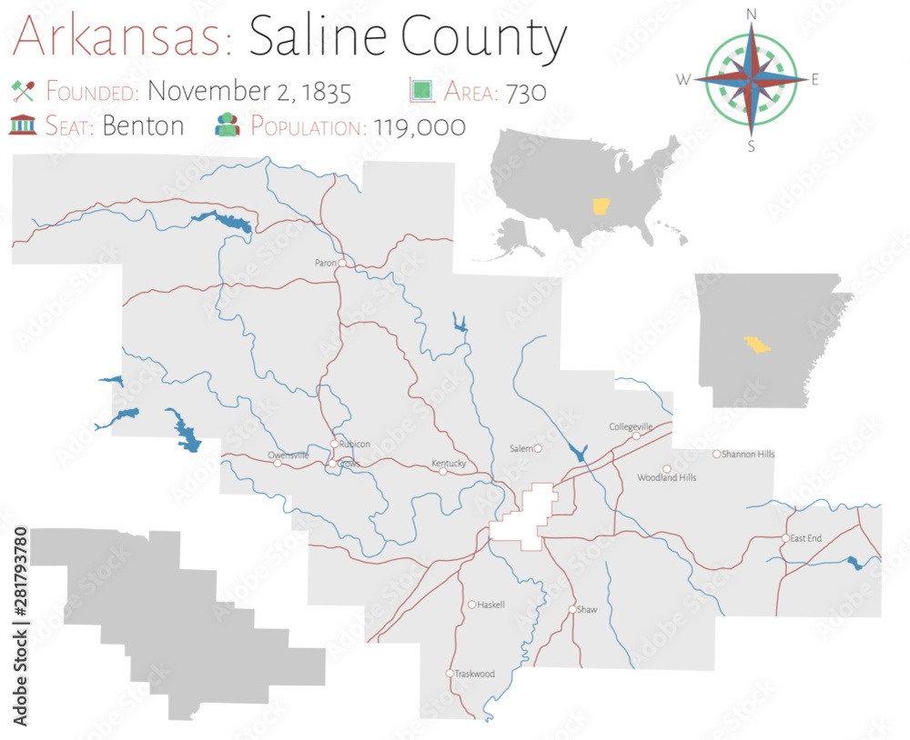Large and detailed map of Saline county in Arkansas, USA Stock Vector