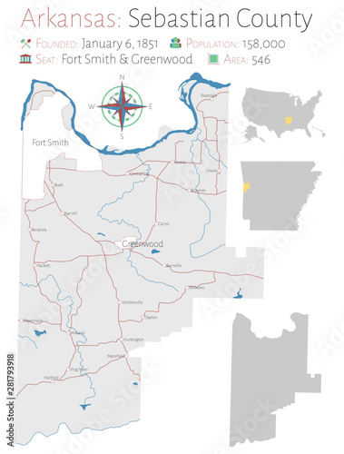 Large and detailed map of Sebastian county in Arkansas, USA