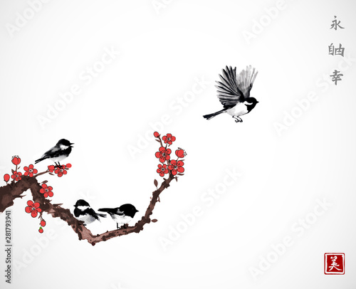 Pine tree, sakura cherry tree in blossom and little black bird on white background. Traditional oriental ink painting sumi-e, u-sin, go-hua. Contains hieroglyphs - zen, freedom, nature, beauty