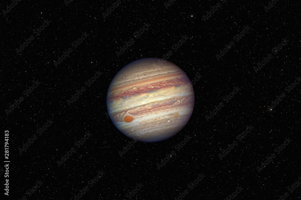 Planet Jupiter against dark starry sky background in Solar System, elements of this image furnished by NASA