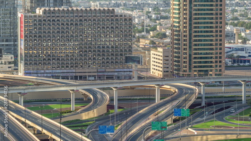 Aerial view of highway interchange in Dubai downtown timelapse.