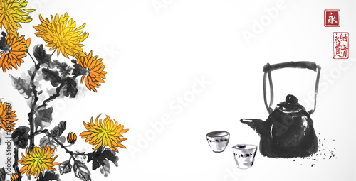 Traditional Asian tea ceremony. Teapot, cups and chrysanthemum flowers. Traditional Japanese ink wash painting sumi-e. Hieroglyphs - peace, tranquility, clarity, tea