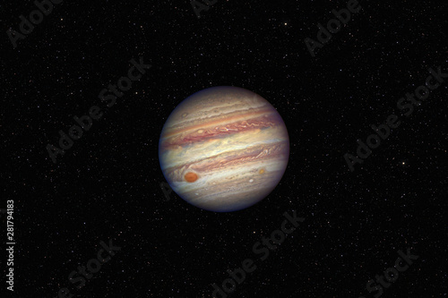 Fototapeta Naklejka Na Ścianę i Meble -  Planet Jupiter against dark starry sky background in Solar System, elements of this image furnished by NASA