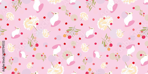 Pink floral pattern with white rabbit, floral and pink dot. Surface pattern design. photo