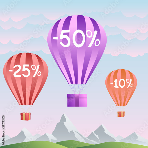 Air balloons with gift box. Discount  10%, 25%, 50% on background nature and air balloons. Summer banner, website, poster, and sales promotion background set..Vector illustration.