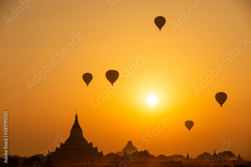 Balloon during sunrise over stupas in Bagan Myanmar