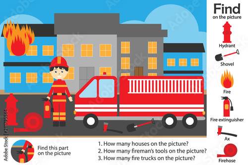 Activity page, fire and fireman in cartoon style, find images and answer the questions, visual education game for the development of children, kids preschool activity, worksheet, vector illustration