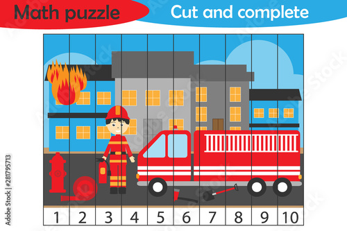 Math puzzle, fire and fireman in cartoon style, education game for development of preschool children, use scissors, cut parts of the image and complete the picture, vector illustration
