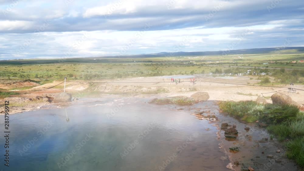 Golden Circle, Iceland, Strokkur geysir eruption. Fountain geyser located in a geothermal area beside the Hvt River. It is one of Iceland's most famous geysers Golden Circle, Iceland, Strokkur geysir eruption. Fountain geyser located in a geothermal area beside the Hvt River. It is one of Iceland's most famous geysers