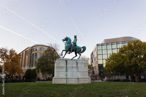 Early morning view of the equestrian statue of George Washington at the centre of Washington Circle, Foggy Bottom, Washington DC