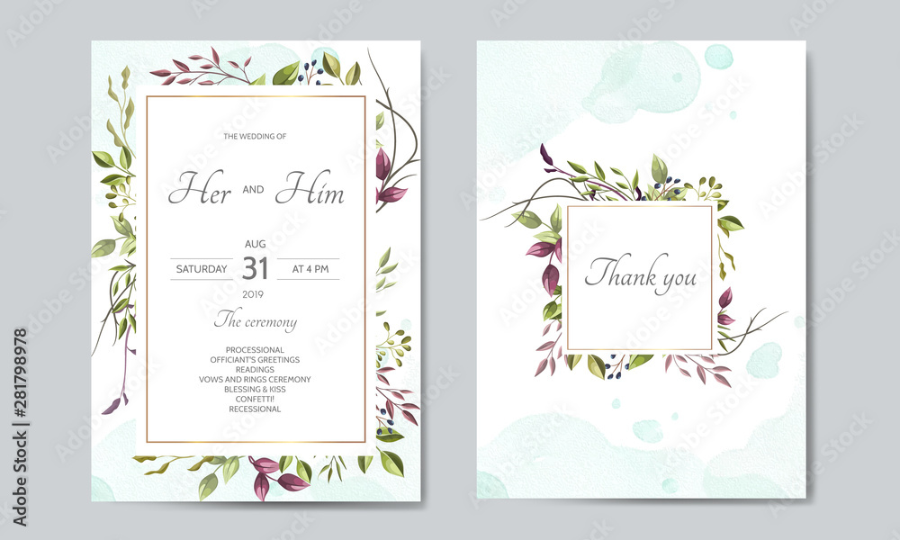 wedding invitation card with green leaves template