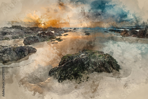 Fotografie Digital watercolour painting of Stunning sunset landscape image of Freshwater We