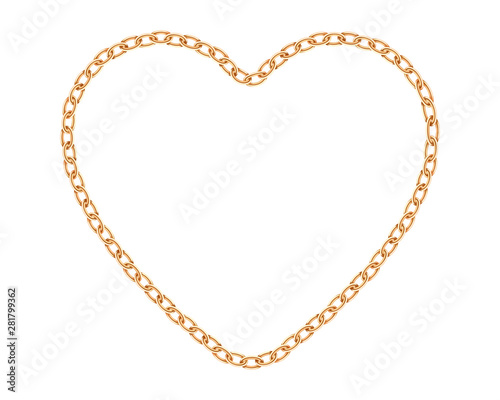 Realistic golden chain texture. Gold chains link heart isolated on white background. Love symbol jewelry chainlet three dimensional design element.