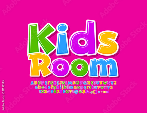 Vector creative logo Kids Room with colorful Alphabet Letters, Numbers and Symbols. Bright comic Font