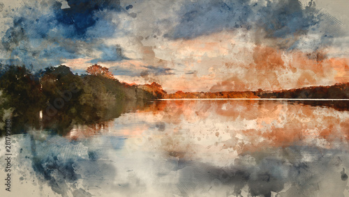 Digital watercolour painting of Beautiful sunset over Autumn Fall lake with crystal clear reflections