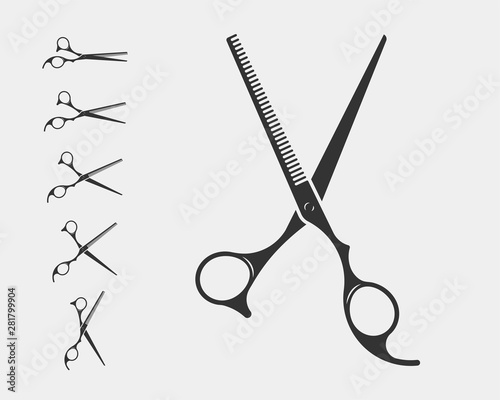 Set hair cut scissor icon. Scissors vector design element or logo template. Black and white silhouette isolated.