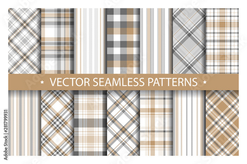 Set plaid pattern seamless. Tartan patterns fabric texture. Checkered geometric vector background. Scottish stripe blanket backdrop