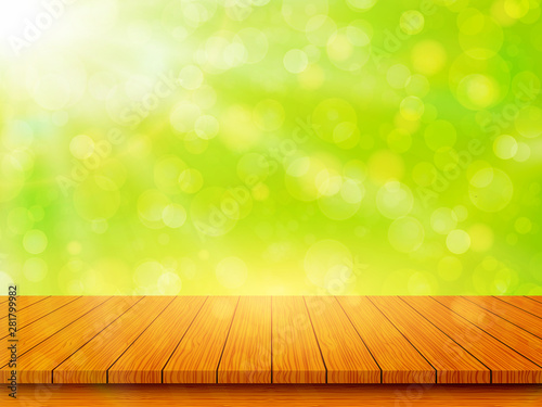 Empty wooden table top on blurred abstract green background. Spring and Summer concept. Vector illustration