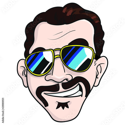 Face of a macho with golden glasses and a mustache, laughing and showing his teeth.  Returned hair, mafia, avatar, illustration, color.