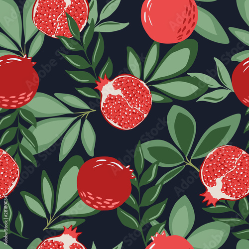 Hand drawn summer tropical background with pomegranate fruits and branches for fabric and wallpaper design. Repeated seamless pattern with fruits