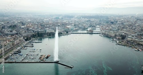 Aerial view of the fountain on the Lake Leman. Geneva. Switzerland