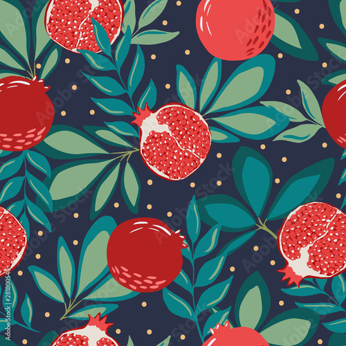 Hand drawn summer tropical background with pomegranate fruits and branches for fabric and wallpaper design. Repeated seamless pattern with fruits