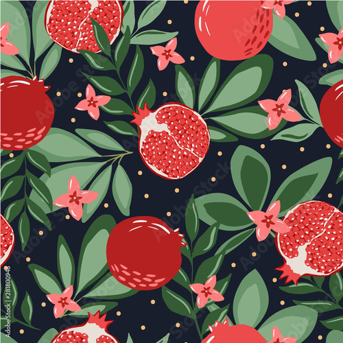 Hand drawn summer tropical background with pomegranate fruits and branches for fabric and wallpaper design. Repeated seamless pattern with fruits