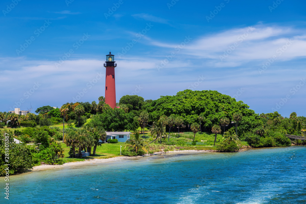 Beautiful view of the Jupiter lighthouse at sunny summer day in West Palm Beach County, Florida