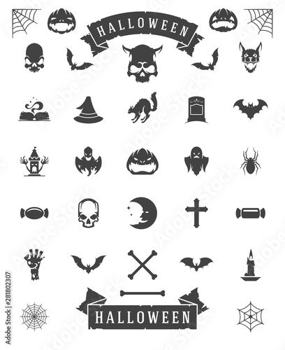 Halloween celebration icons and objects set retro style vector illustration.