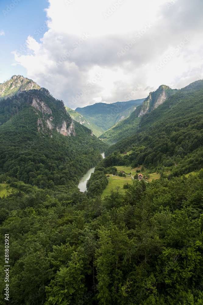 vertical view of The amazing landscape of the Tara canyon and Tara River in northern Montenegro, Zabljak