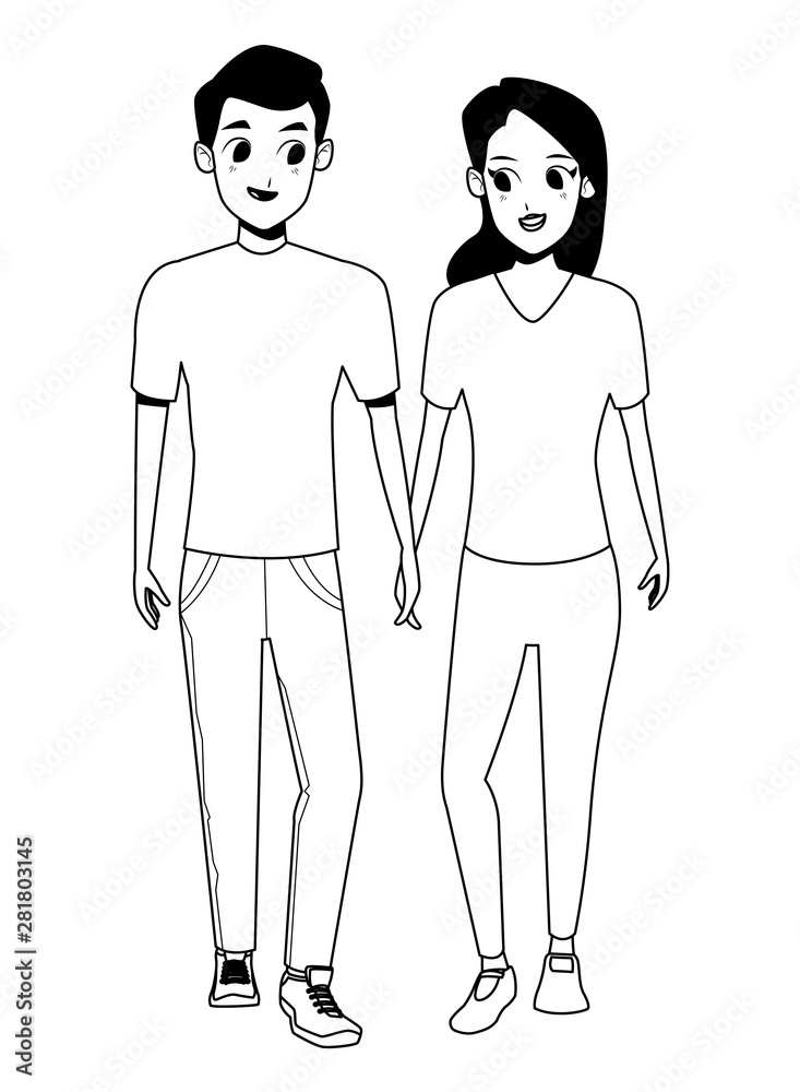 Young couple smiiling and walking cartoon in black and white Young couple smiiling and walking cartoon in black and white