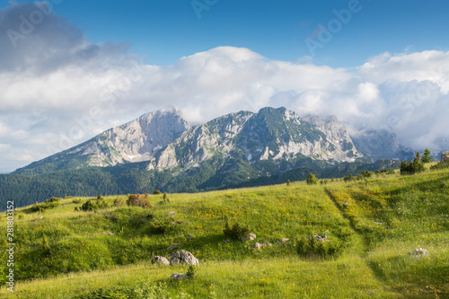 wonderful landscape of Montenegro mountains with blue sky and white clouds in Durmitor park
