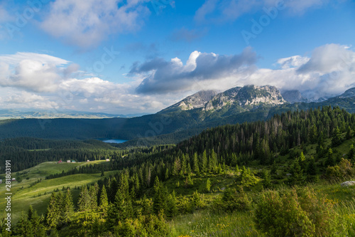 Wonderful Top view panorama of Black Lake and forest in Durmitor park, Montenegro