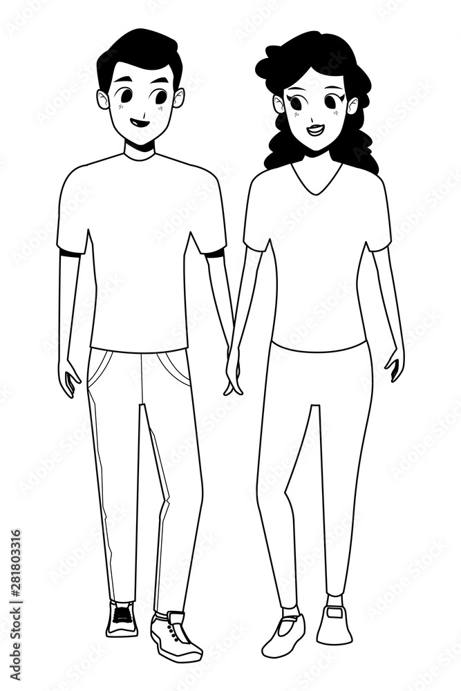 Young couple smiiling and walking cartoon in black and white Young couple smiiling and walking cartoon in black and white