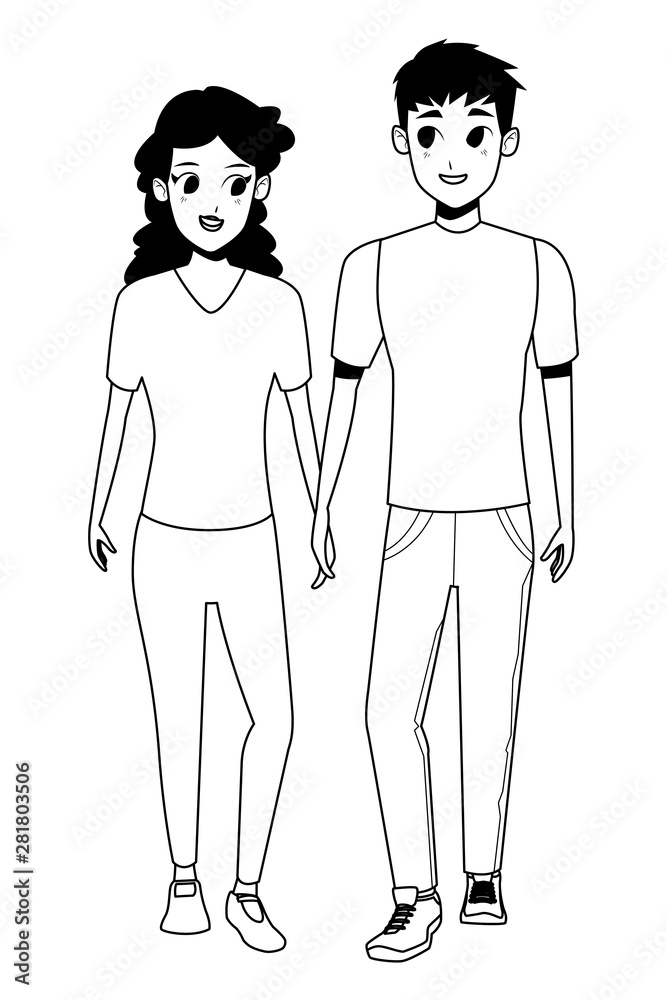 Young couple smiiling and walking cartoon in black and white Young couple smiiling and walking cartoon in black and white