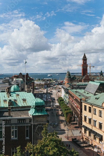 Helsinborg, Sweden - August, 2018: View of the city centre and the port of Helsingborg in Sweden. The ship is moored in port in Helsingborg harbour.